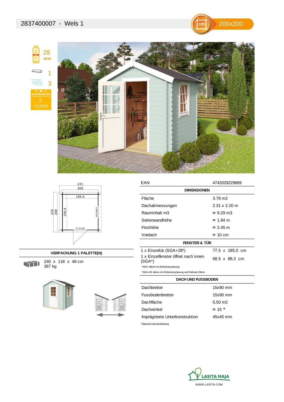 Gartenhaus WELS 1 - gletschergrün - Fichte massiv - 200x200 cm