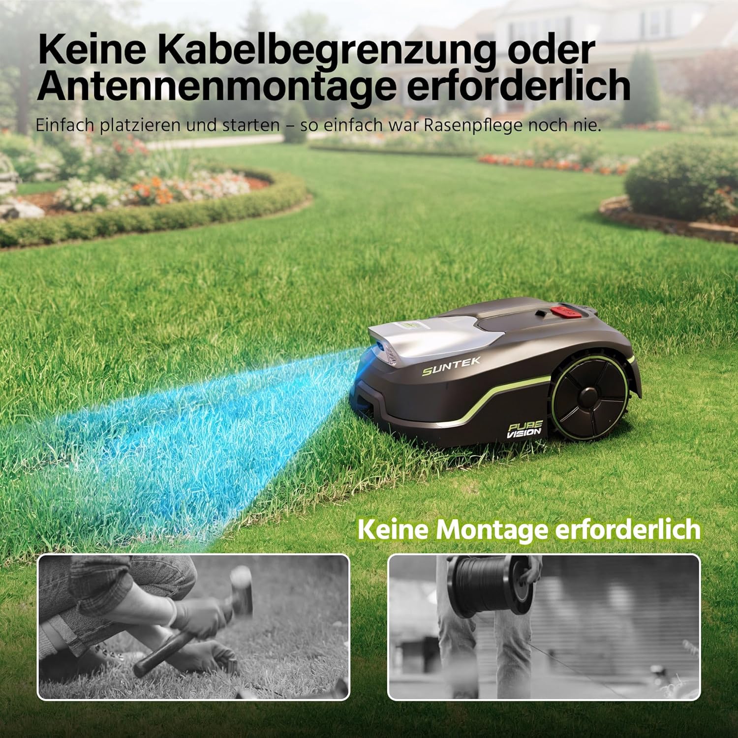 SUNTEK Mähroboter ohne begrenzungskabel AI Vision-Kamera, Rasenmäher Roboter, Max 600 m², Genaue Hindernisvermeidung, IPX5-Wasserschutz, APP Bedienbar