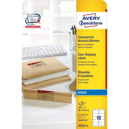 Avery Zweckform J4722-25 Versandetiketten,A4 96 x 50,8 mm, 25 Bogen/250 Etiketten, transparent