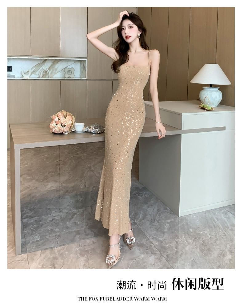 Aurora - Spaghettibandjes Maxi-jurk met effen strass