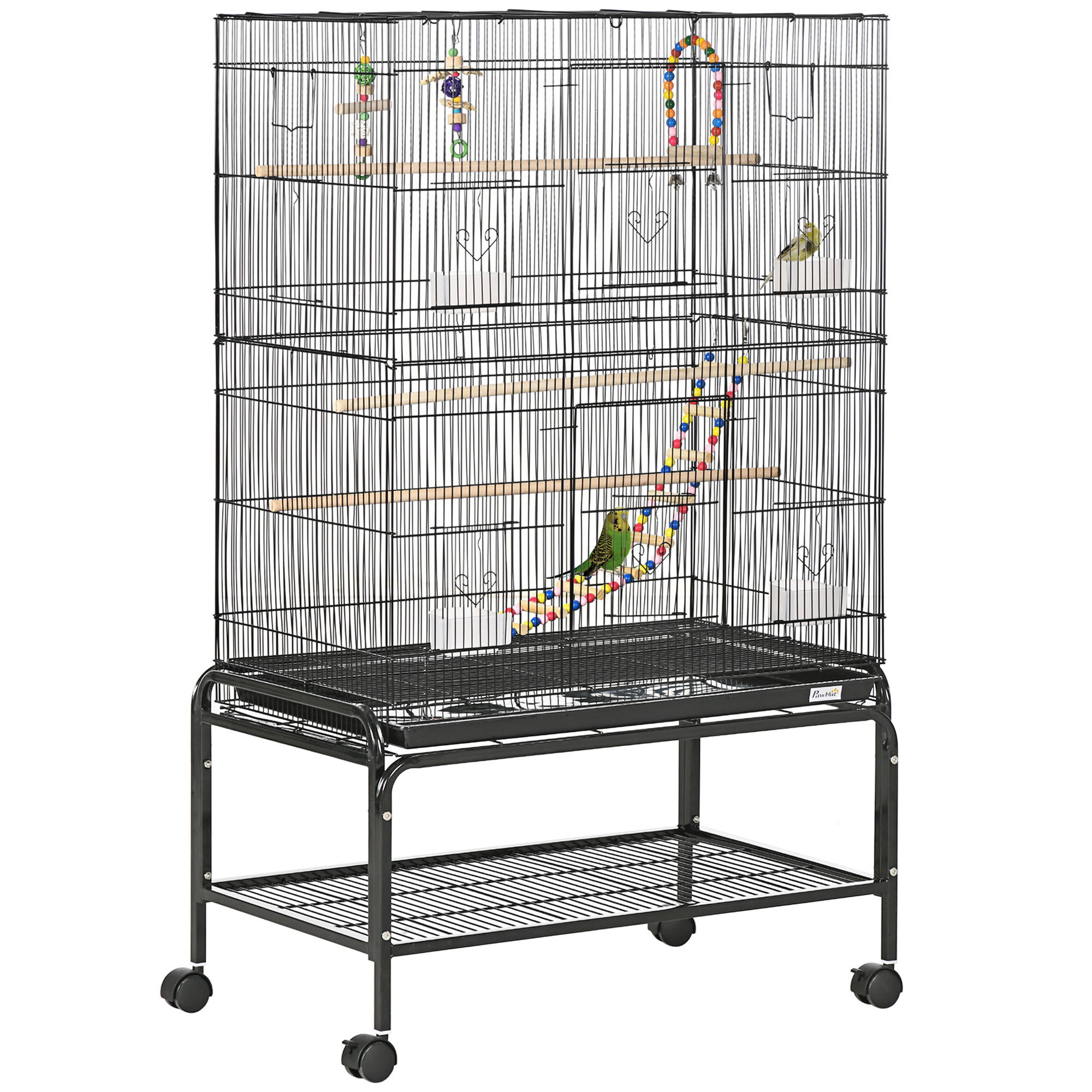 Gaiola para pássaros PawHut com rodas, 79x49x133 cm, em metal, grande, com suporte, 4 comedouros, 3 poleiros, brinquedos, bandeja removível e prateleira para canários e periquitos, preta.