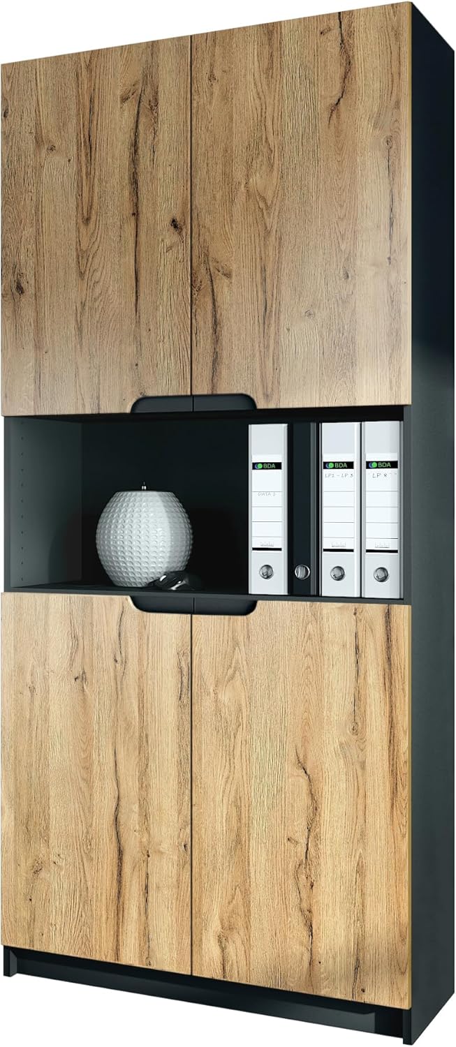 Vladon Büroschrank Logan V2, Made in Germany, Aktenschrank mit 5 Fächern und 4 Türen, Schwarz matt/Eiche Natur (82 x 184 x 37 cm)