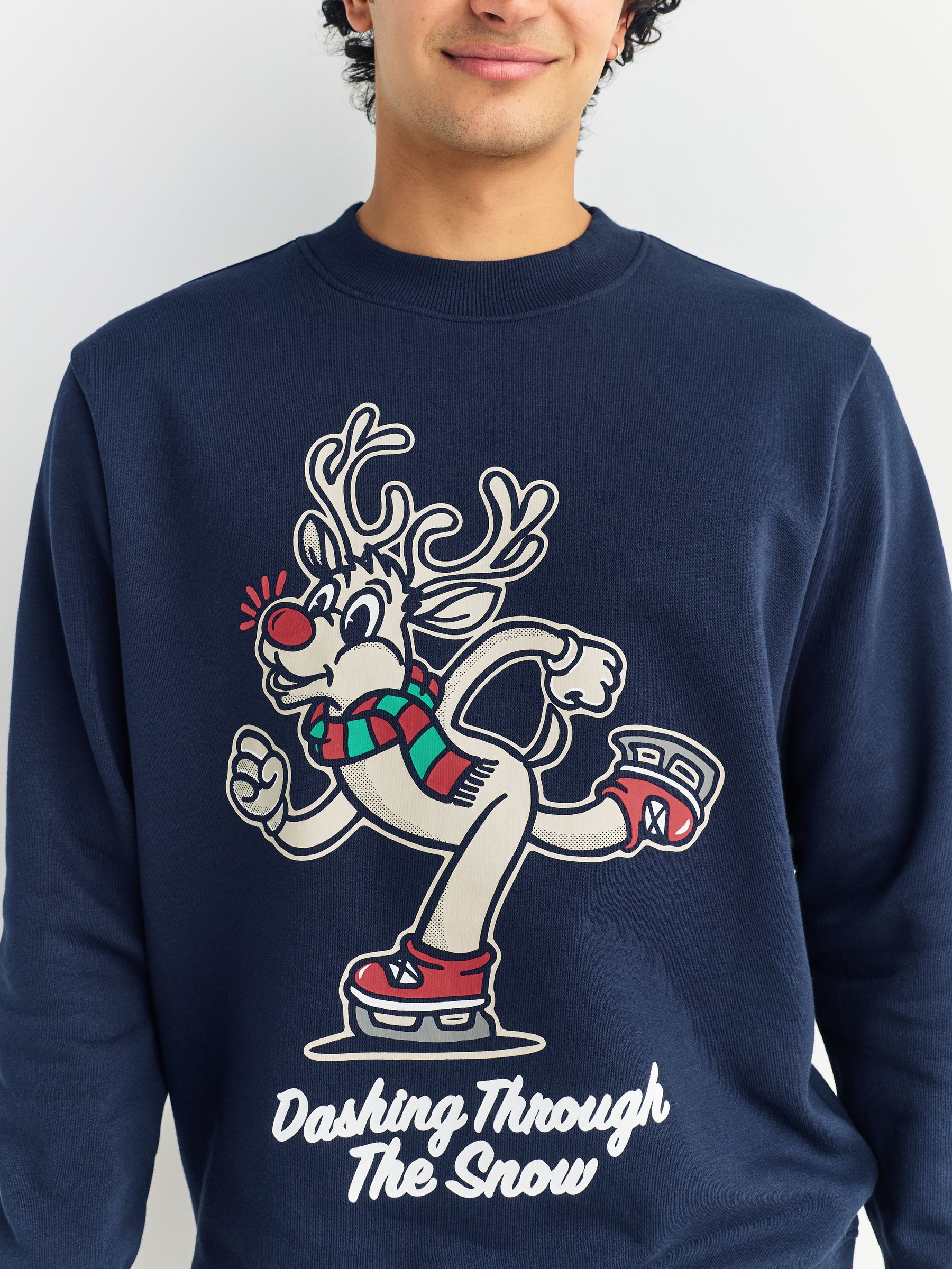 Donkerblauwe Rudolph-afbeelding - Kersttrui met patroon en ronde hals