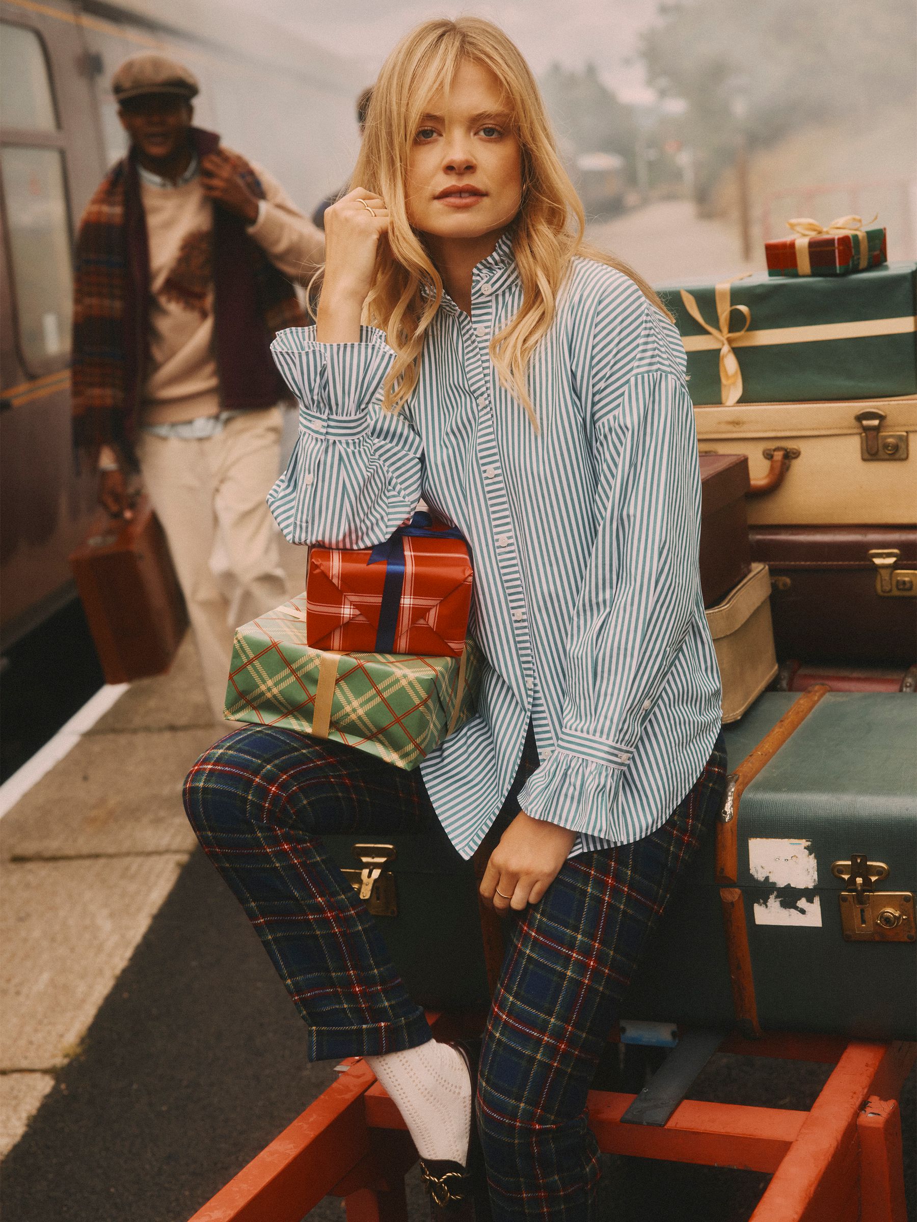Groen, wit - Joules Mae Oversized Frill Neck Stripe Shirt