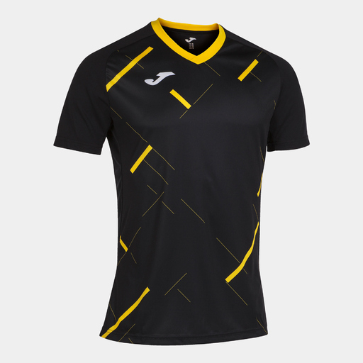 Camiseta Joma Tiger III de manga curta, preta e amarela.