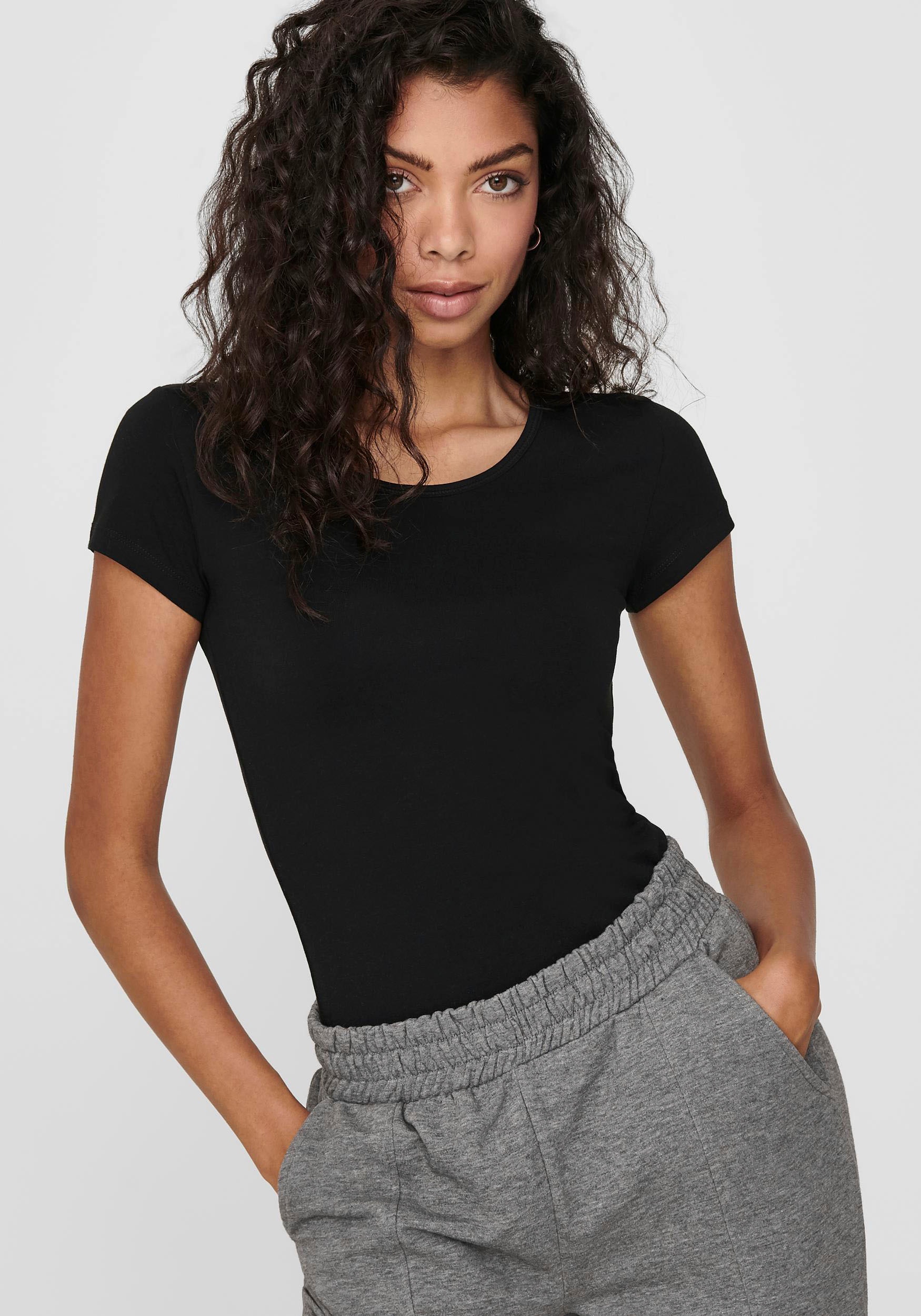 ONLY Rundhalsshirt »ONLLIVE – Rundhalsshirt mit figurbetonter Silhouette«, sehr figurbetont, modisch, Baumwollmischung, Jersey, tiefer Rundhals