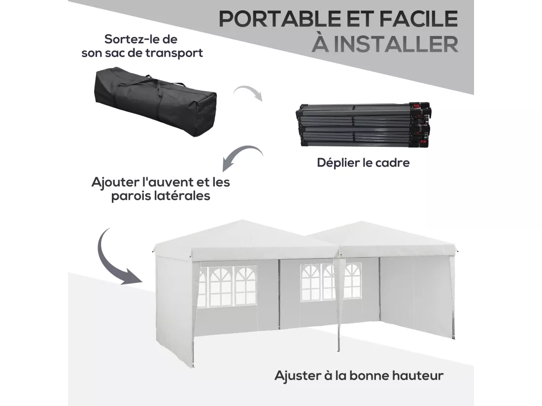 Tonnelle barnum pliant pop-up - 4 pans latéraux amovibles, 6 fenêtres, sac transport, 5 sacs lestage - acier Oxford blanc