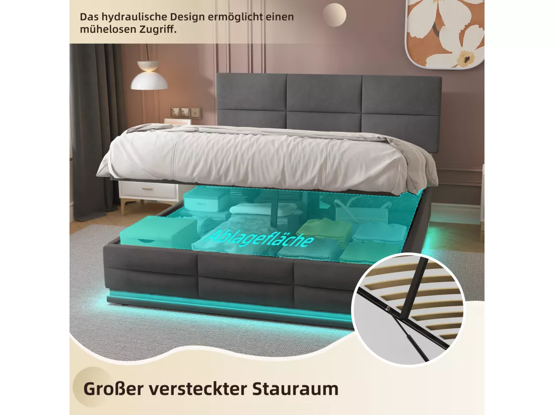 Lit coffre lit double capitonné hydraulique 160 x 200 cm en velours doux pour la peau avec lumières LED et chargeur USB, gris