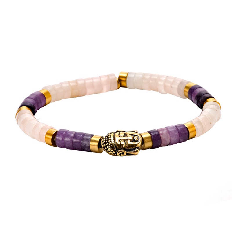 Bracelet Perles Heishi Pierres Naturelles Améthyste Et Quartz Rose Bouddha Doré Acier-XS-14cm
