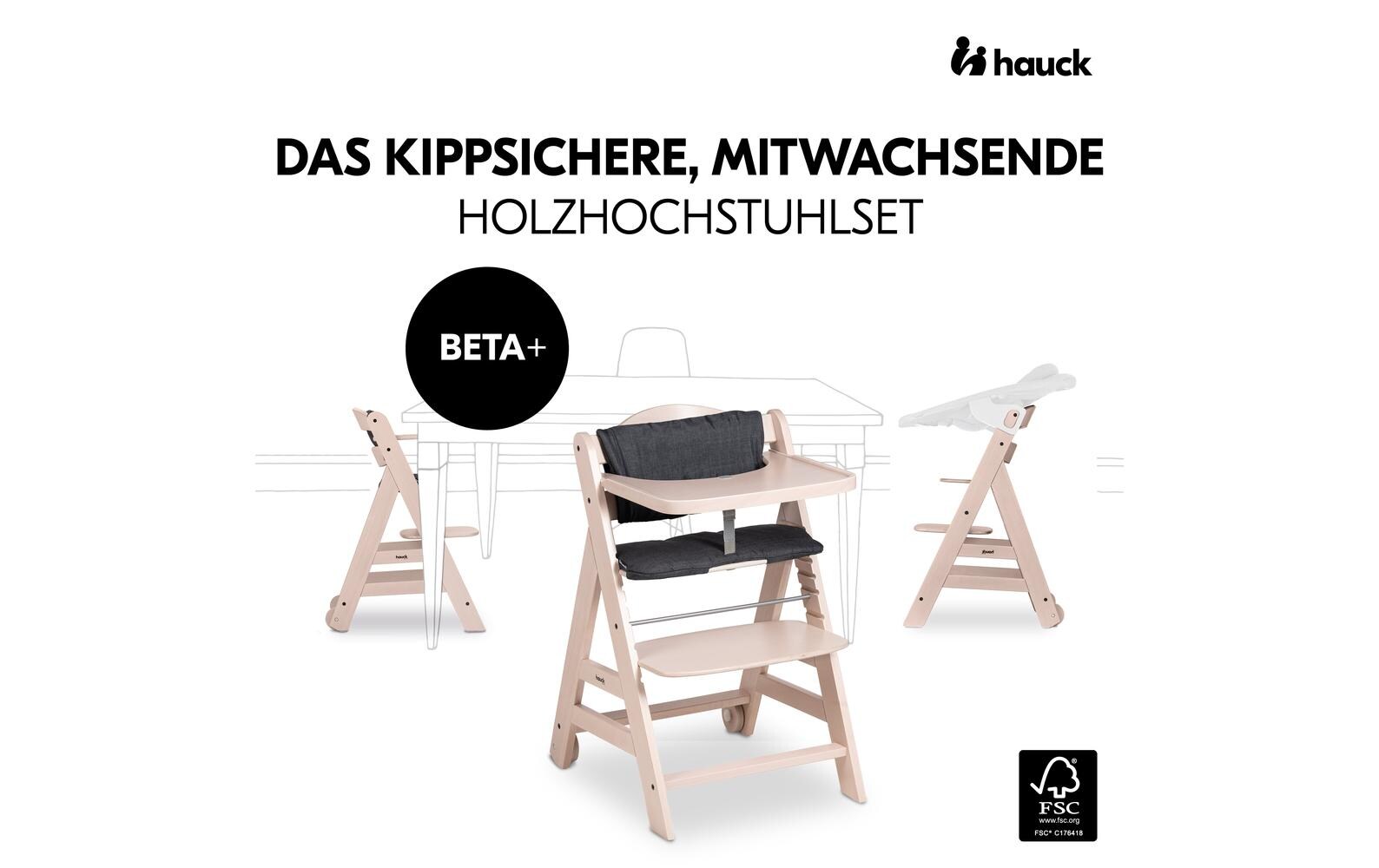 Treppenhochstuhl Beta+ Whitewashed<br>Kippsicheres und mitwachsendes Holzhochstuhlset
