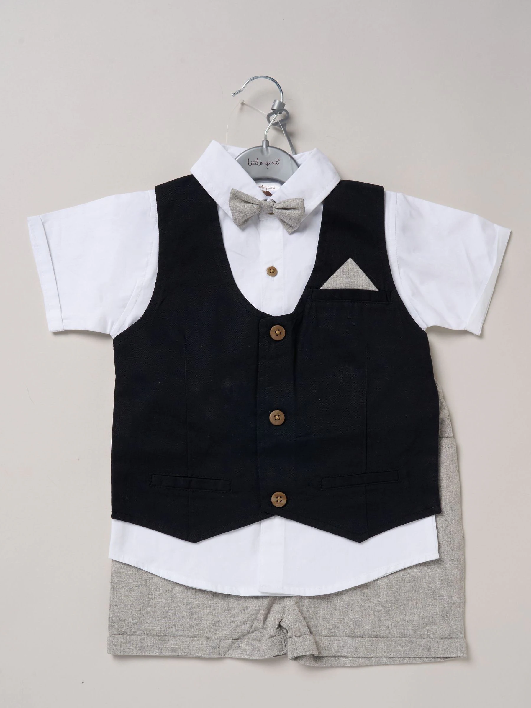 Zwart - Little Gent 100% Cotton Shirt with Mock Waistcoat Shorts and Bowtie Outfit Set