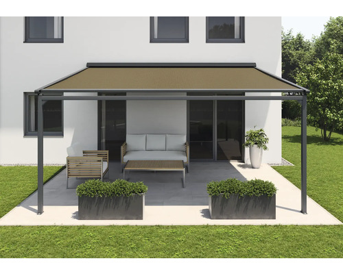 SOLUNA Pergola met stoffen dak 4x3, stoffen dessin S2838, frame RAL 7016 antracietgrijs, aandrijving links inclusief motor, wandschakelaar (wandmontage)