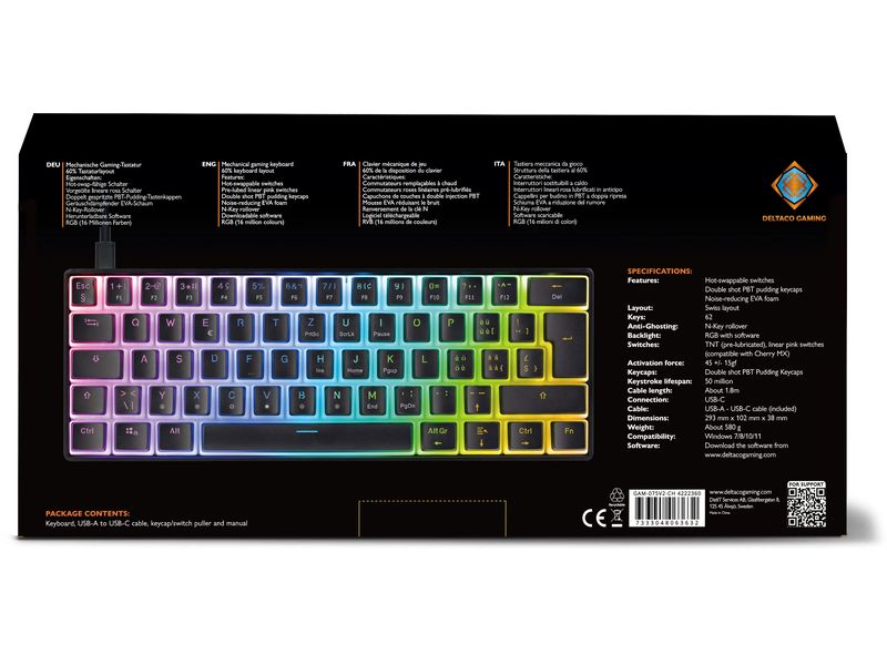 DELTACO GAM-075V2-CH Mechanische-Tastatur, RGB-Beleuchtung, Hot-Swap-Schalter