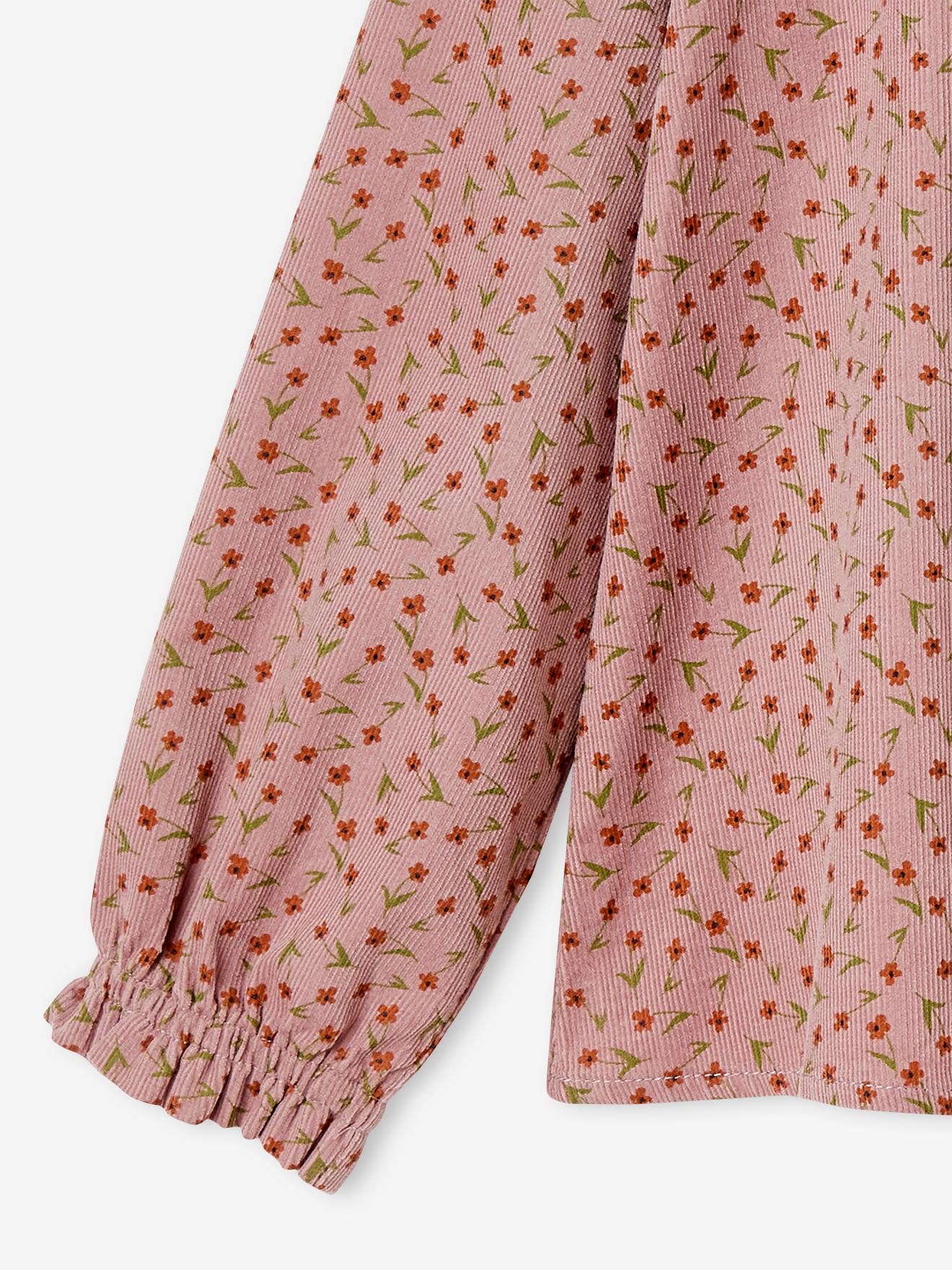 Blusa de veludo cotelê rosa antigo com estampa floral para meninas