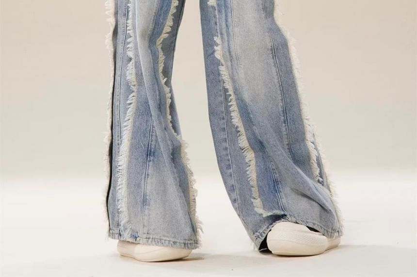 Vhancy - High Waist Washed Fringe Wide Leg Jeans