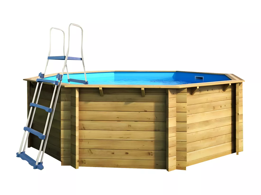 WATERCLIP - Piscine bois FSC hexagonale Ø395cm -v7.5m2 - Autoclave IV - Liner 60/100 - Rainurée languette - Filtration 4m3/h + Echelle - EWEN