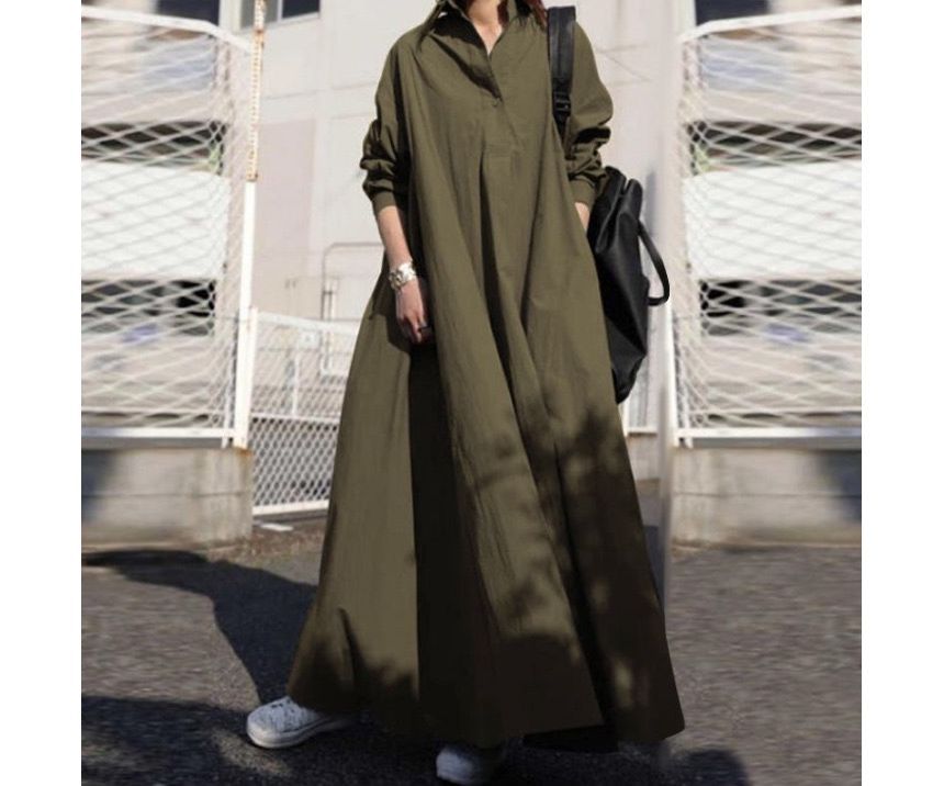 Scabiosa - Lange mouwen Henley Effen Maxi Shirtjurk