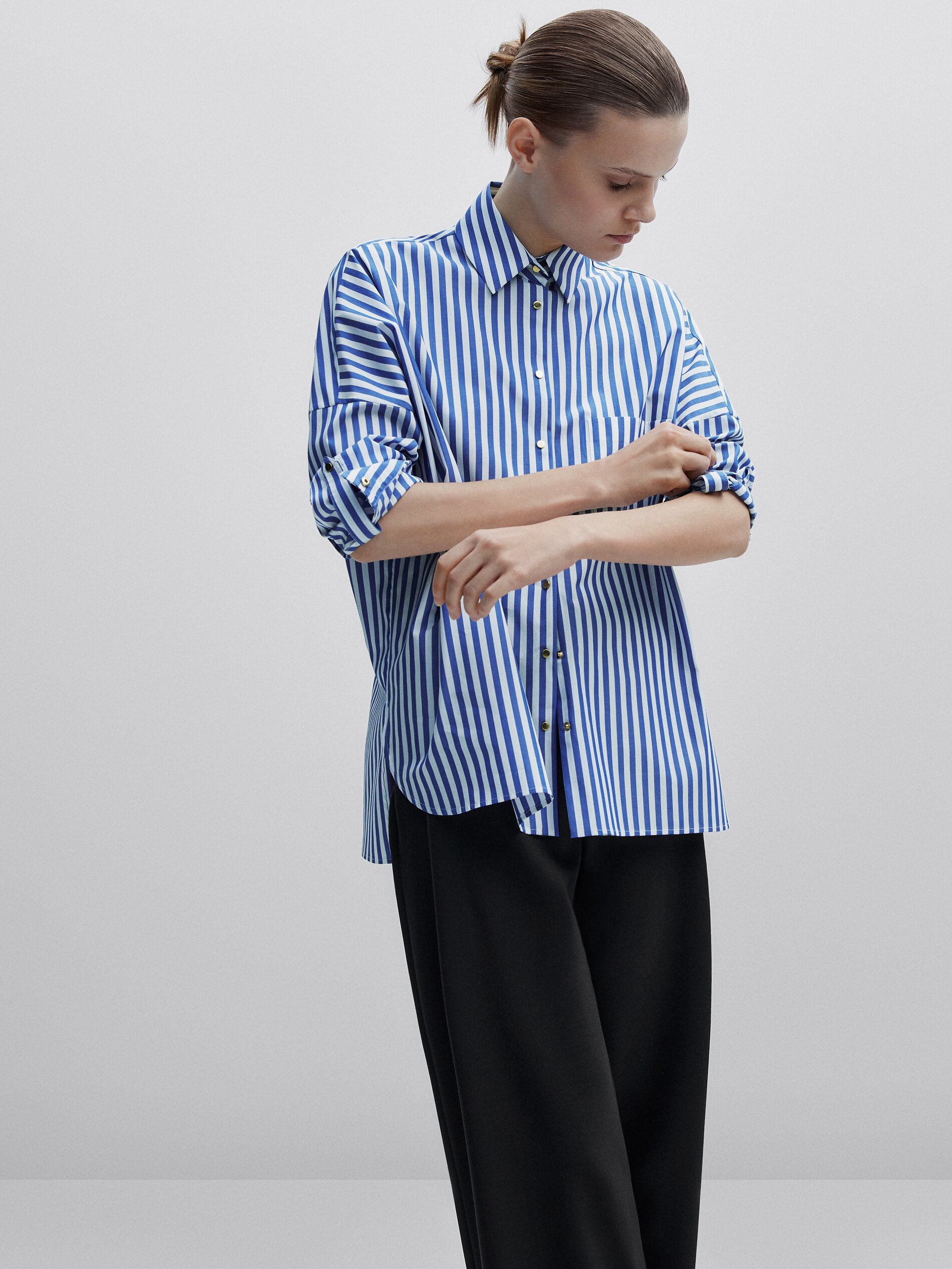 Camisa listrada de popeline com botões de pressão - Studio - AZUL