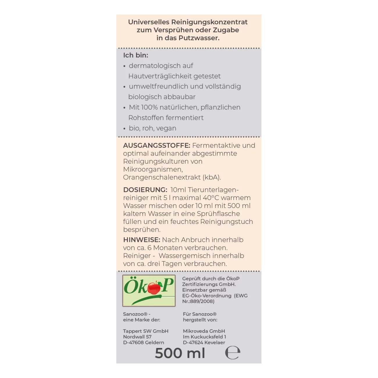 SANOZOO Bio-Reiniger für Napf- und Tierunterlagen 500ml
