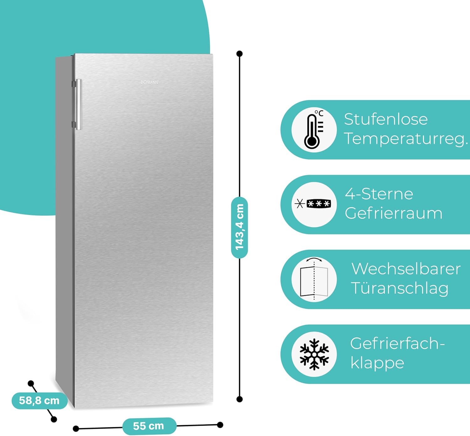 Congélateur 165L blanc Bomann GS7317-1-blanc, Volume net : 165 litres, pose libre, Éclairage intérieur à LED, Température réglable, silencieux, economique Congélateur 4 étoiles