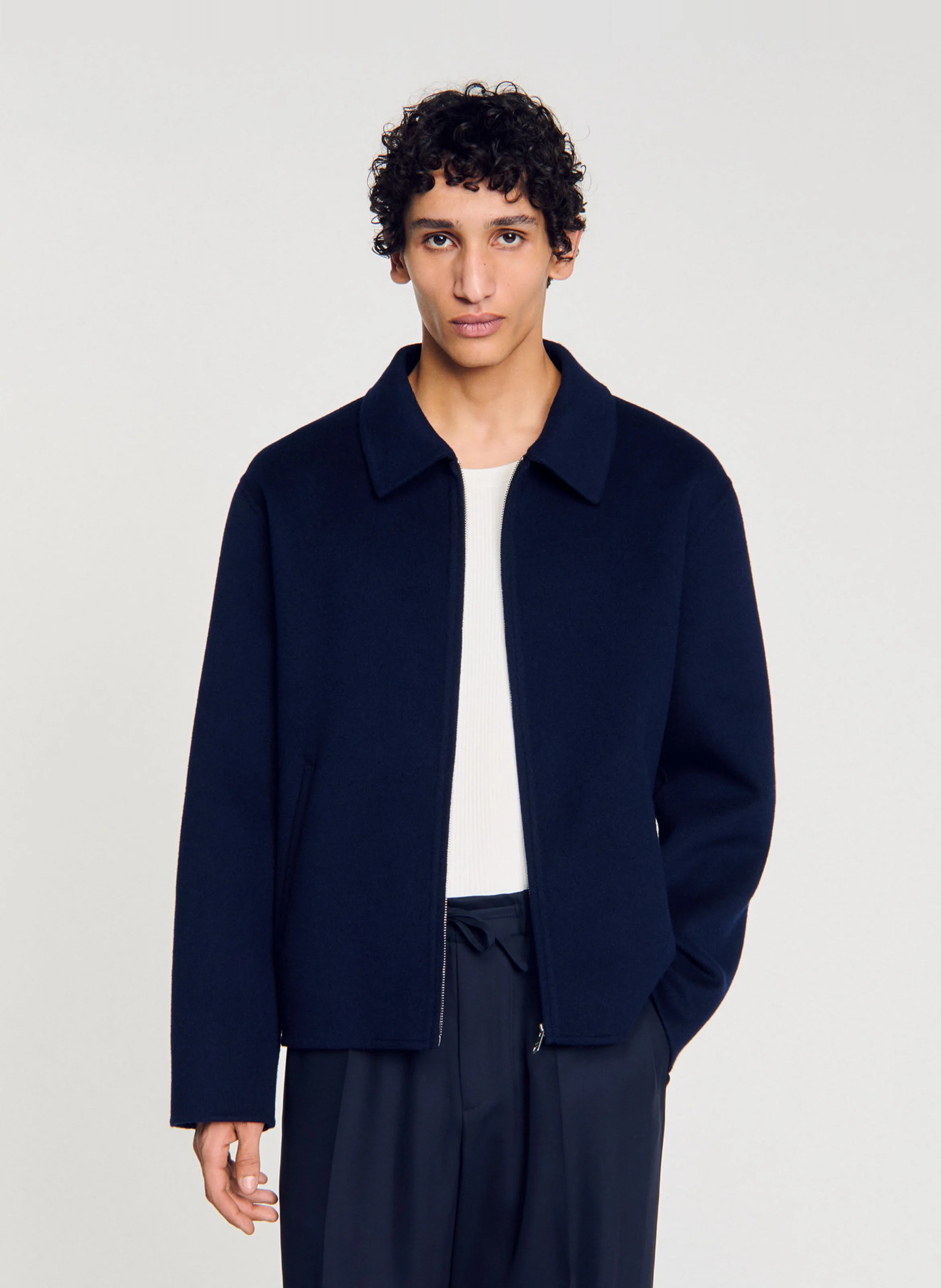 Veste droite col classique en laine mélangée | Bleu
