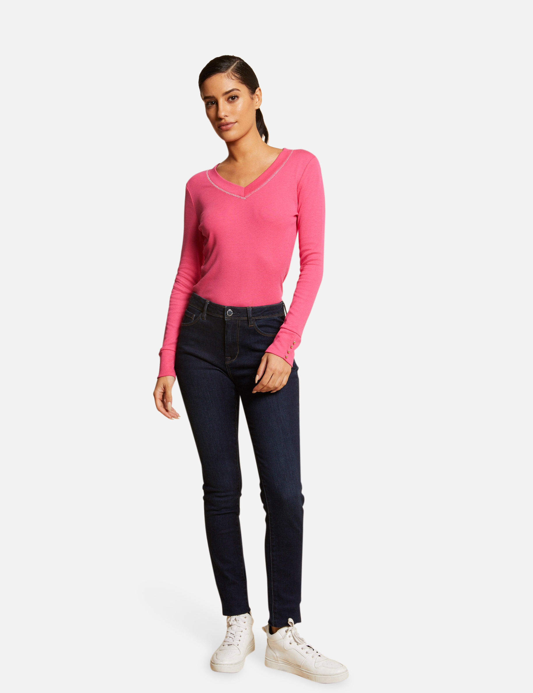 T-shirt manches longues avec col en V fuchsia femme - fuchsia