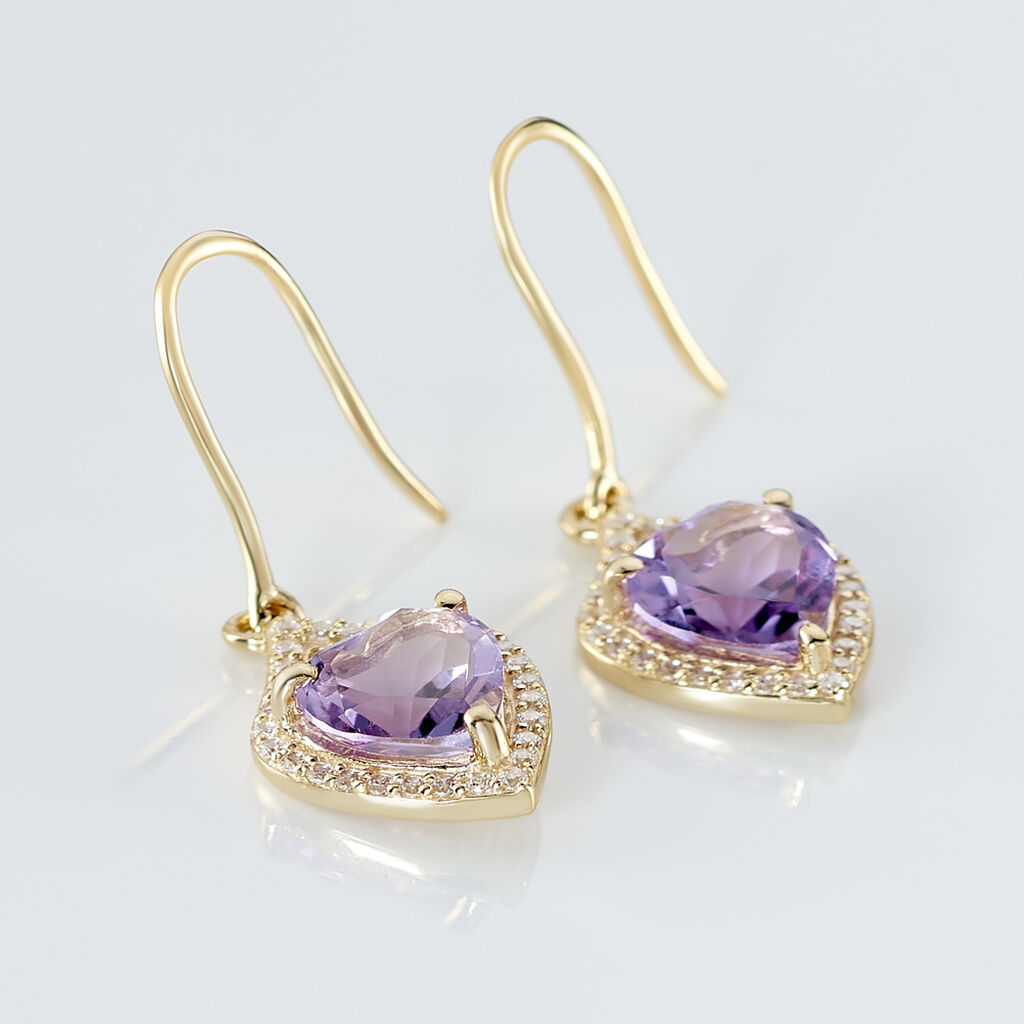 Boucles D'oreilles Pendantes Rosaline Or Jaune Amethyste Et Oxyde