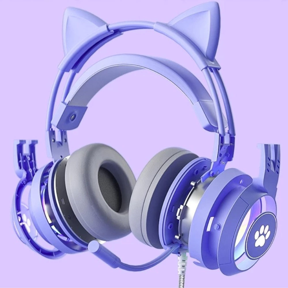Gaming USB Kopfhörer Over-Ear LED Stereo Headset mit Mikrofon   3.5mm Klinken Anschluss (Katzenohren abnehmbar) - Schwarz