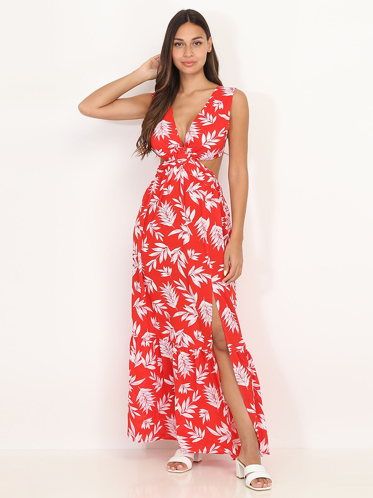 Robe cut out à imprimé feuilles- Rouge