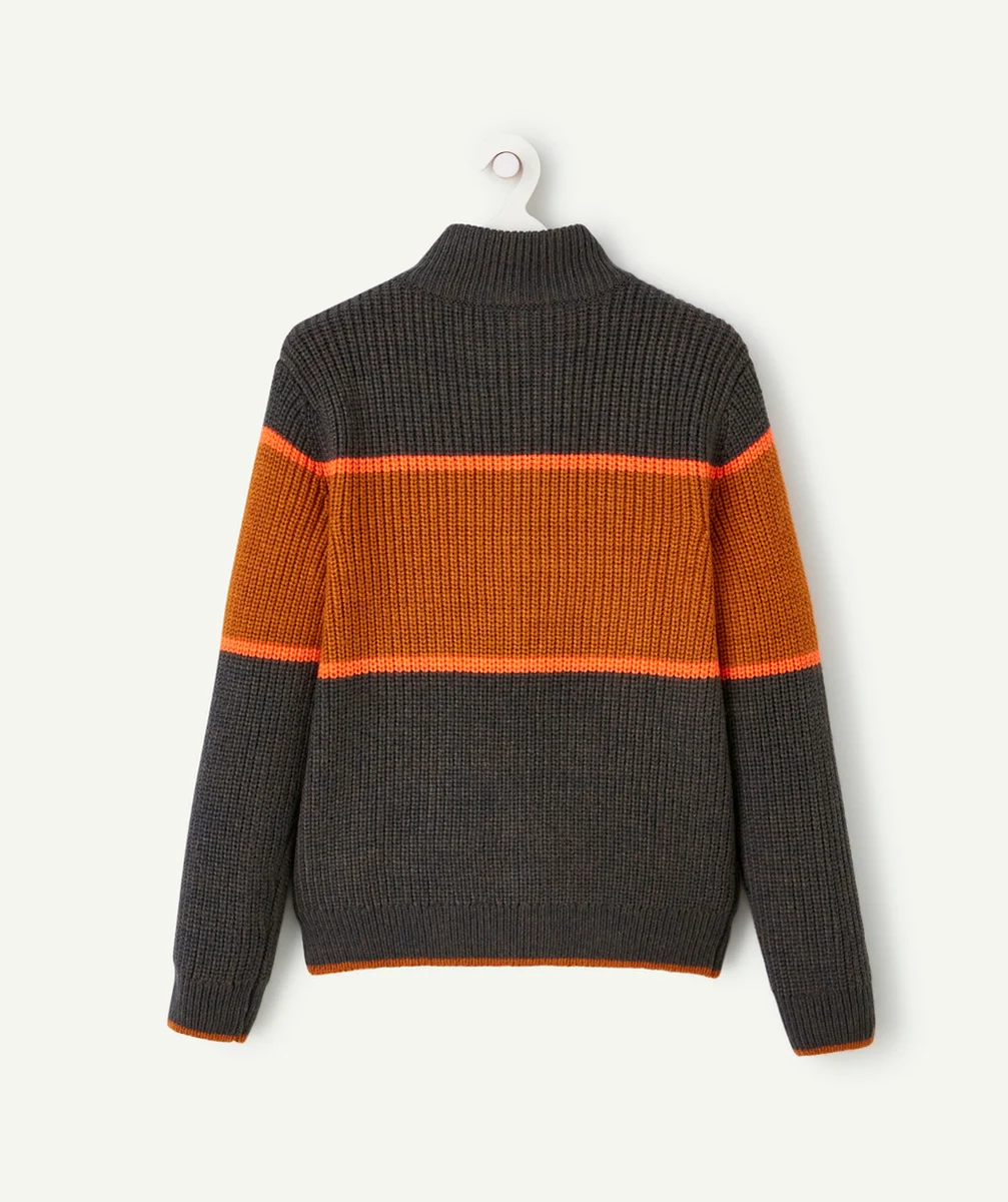 GILET EN TRICOT ZIPPÉ GARÇON AVEC BANDEAUX GRIS FONCÉ ORANGE ET MARRON