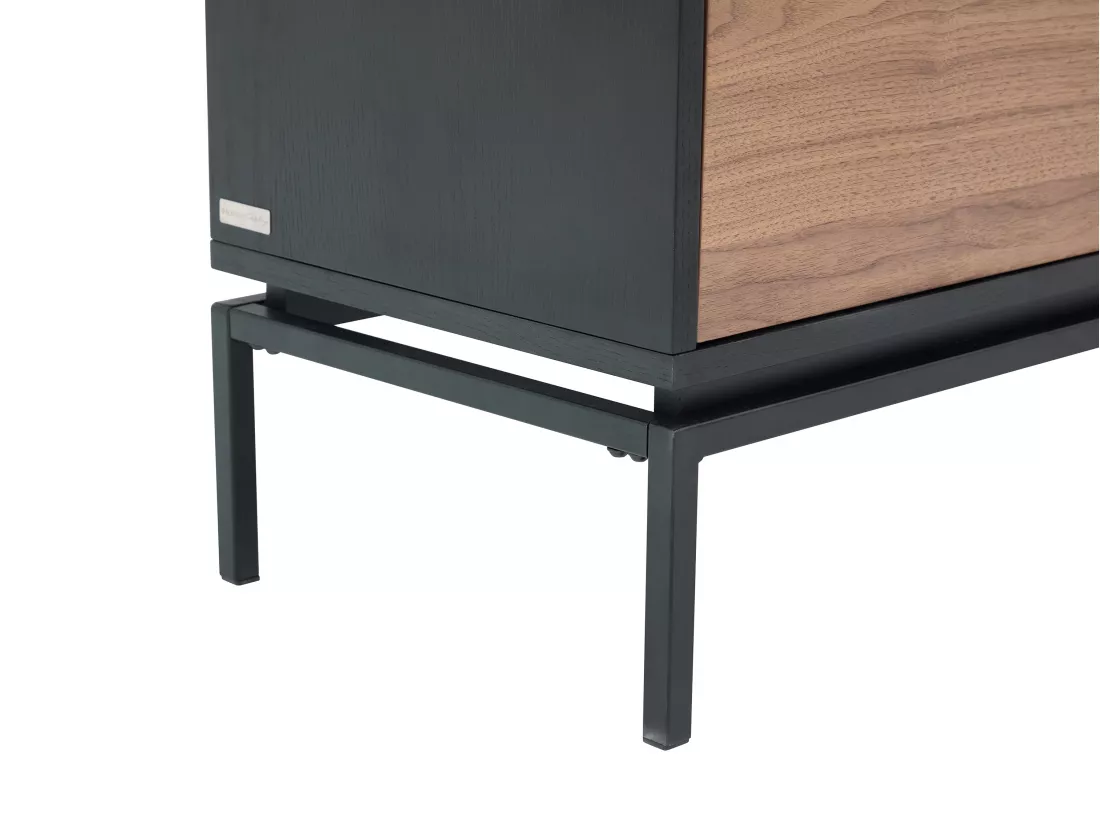 Meuble TV avec 2 portes, 1 tiroir et 1 niche placage noyer et métal - Naturel foncé et Noir - ZINORI