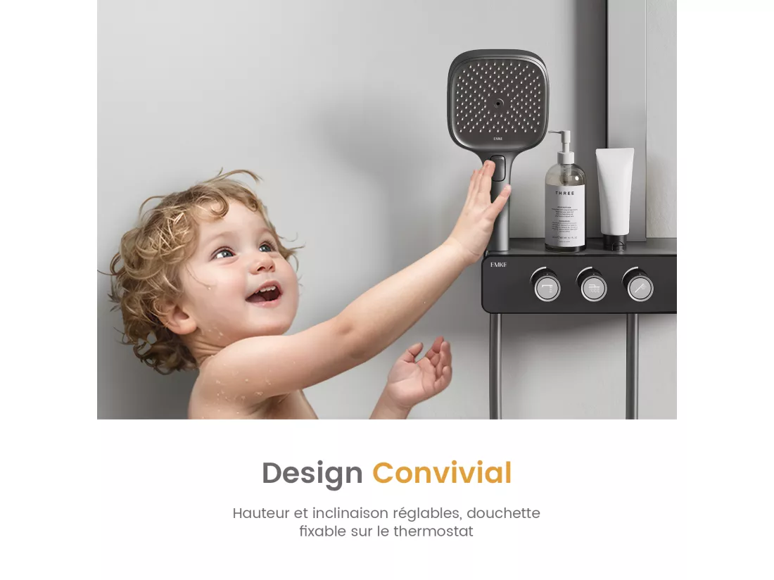 EMKE Colonne de douche Thermostat – Anthracite Mat, Régulation innovante du débit, douche à effet pluie de 36x24 cm, douchette à main avec 3 jets