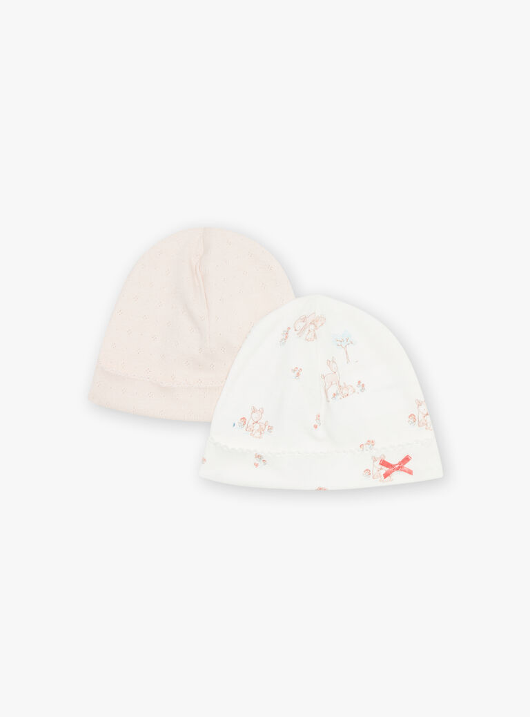 Lot de 2 bonnets de naissance rose et écru en coton biologique