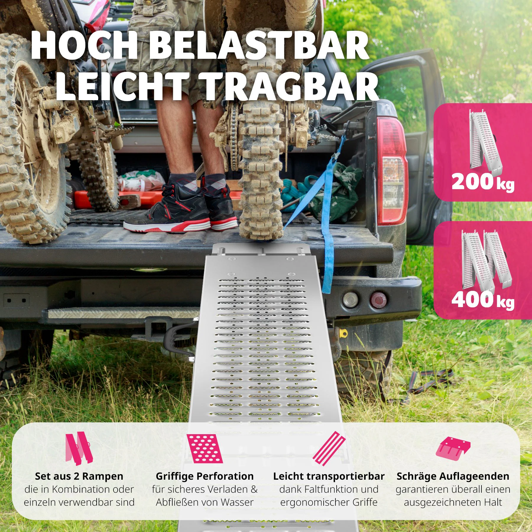tectake® Auffahrrampen, 2er Set, aus verzinktem Stahl, Belastbarkeit 400 kg, 200 kg pro Rampe