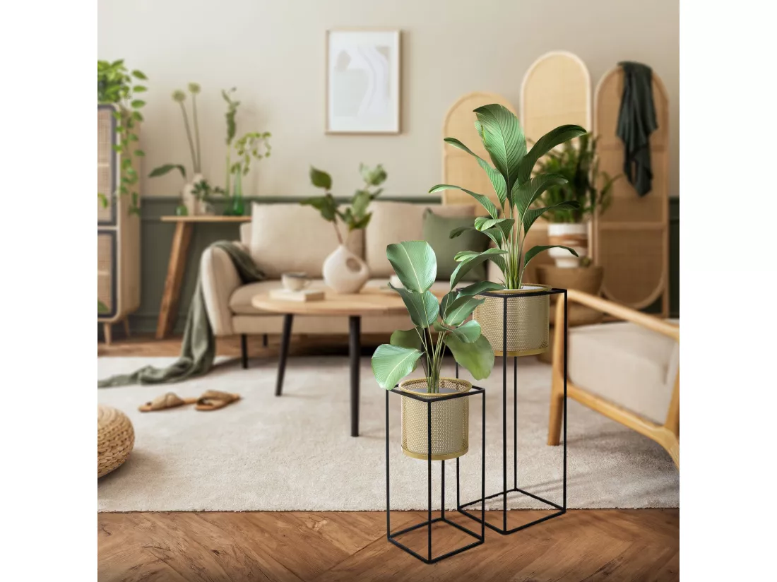 ML-Design Support pour fleurs, set de 2, noir-or, 21x21x47/25x25x71 cm, en acier, support pour pots de fleurs avec cache-pot, support pour plantes en métal, support pour pots de fleurs 2 pièces, pot de plantes déco Colonne de fleurs Tabouret de fleur
