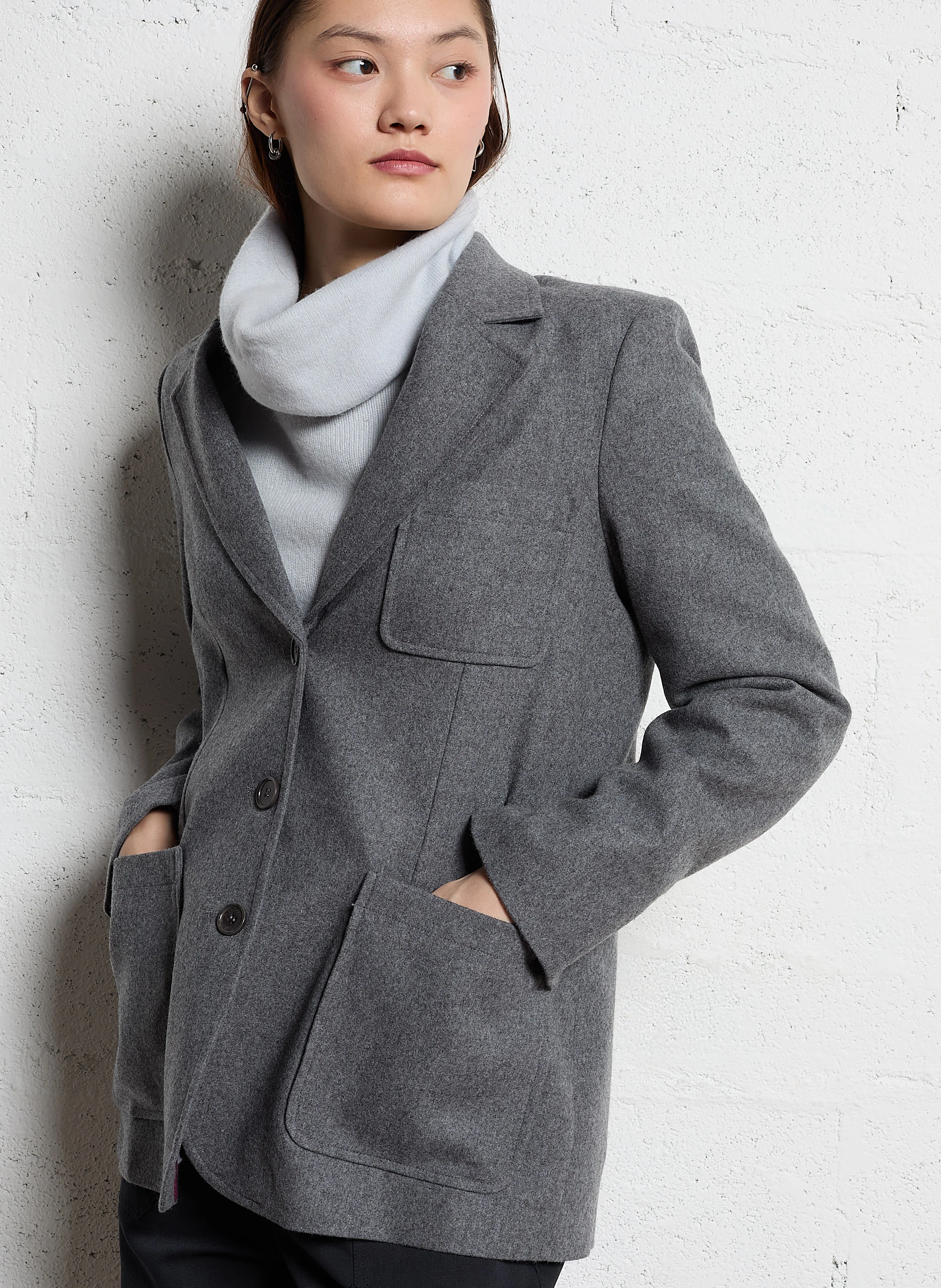 LALI - Veste droite col tailleur en flanelle de laine et soie | Gris