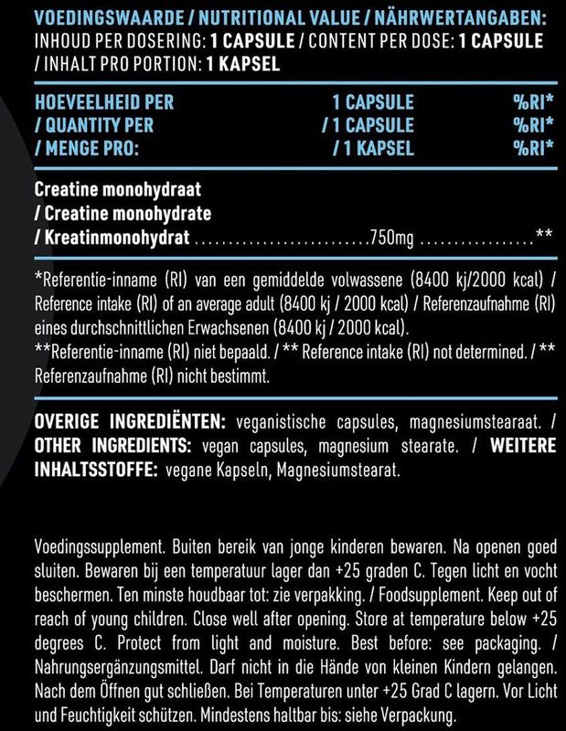 Pure. Creatine Monohydraat - 180 v-caps - 750mg - spiergroei - fitness & sport - vegan capsules