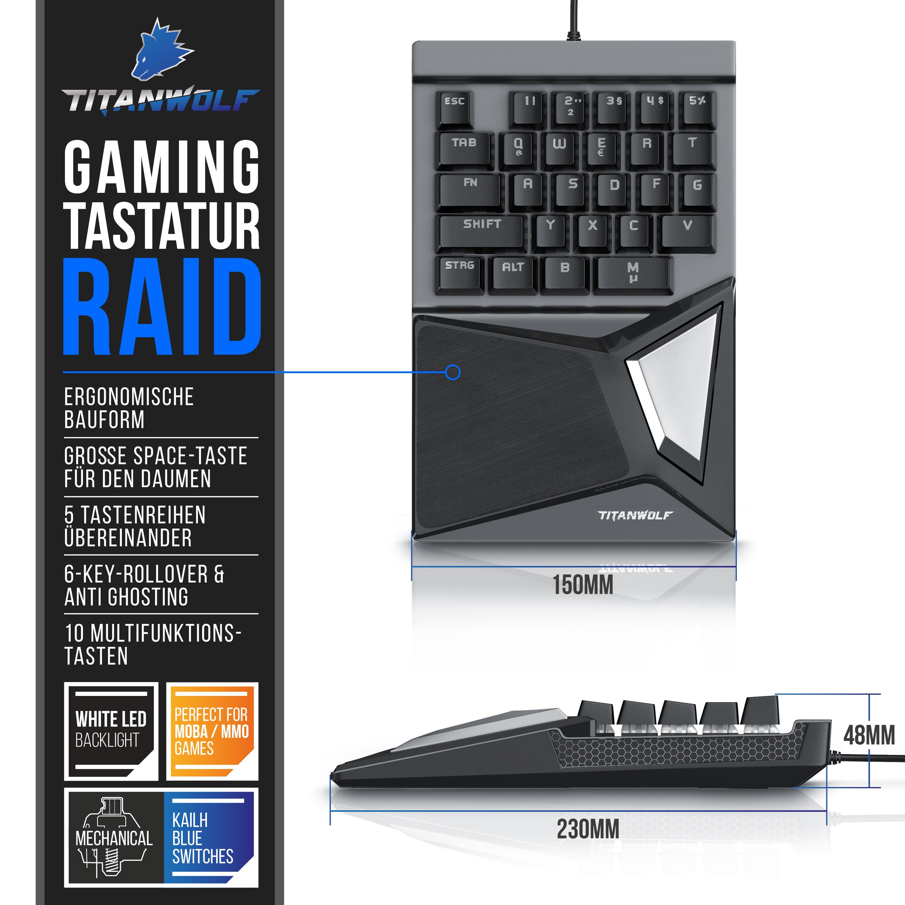 Titanwolf Gaming-Tastatur, mechanische Keypad Tastatur mit 28 Tasten, Gaming Einhandtastatur