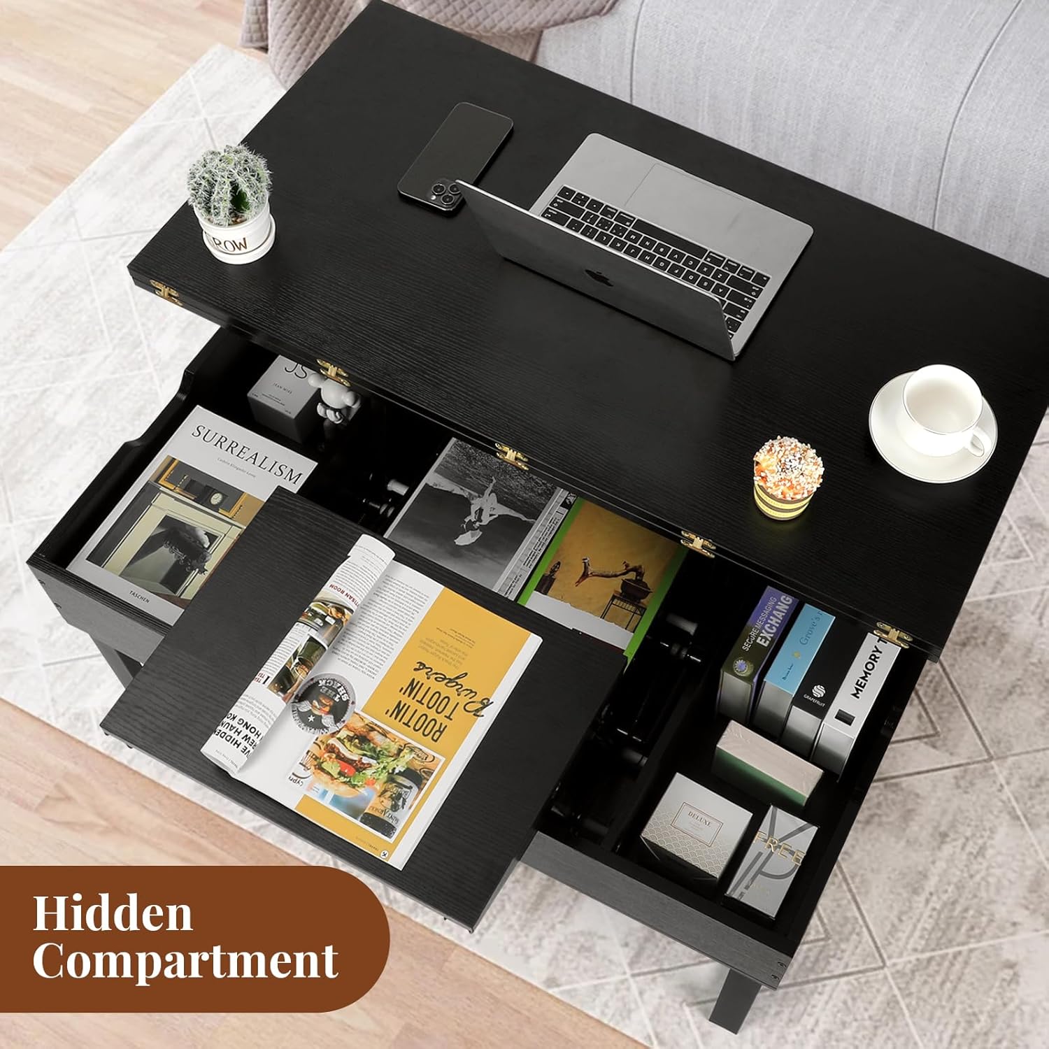 VOWNER Couchtisch Höhenverstellbar, 3-in-1-Multifunktions-Wohnzimmertisch mit Versteckter Aufbewahrung, Couchtisch Umwandelbar in Wohnzimmer-Esstisch, Schwarz mit Holzmaserung