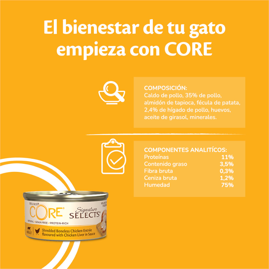 Lata de 79 g de frango desfiado Wellness Core para gatos
