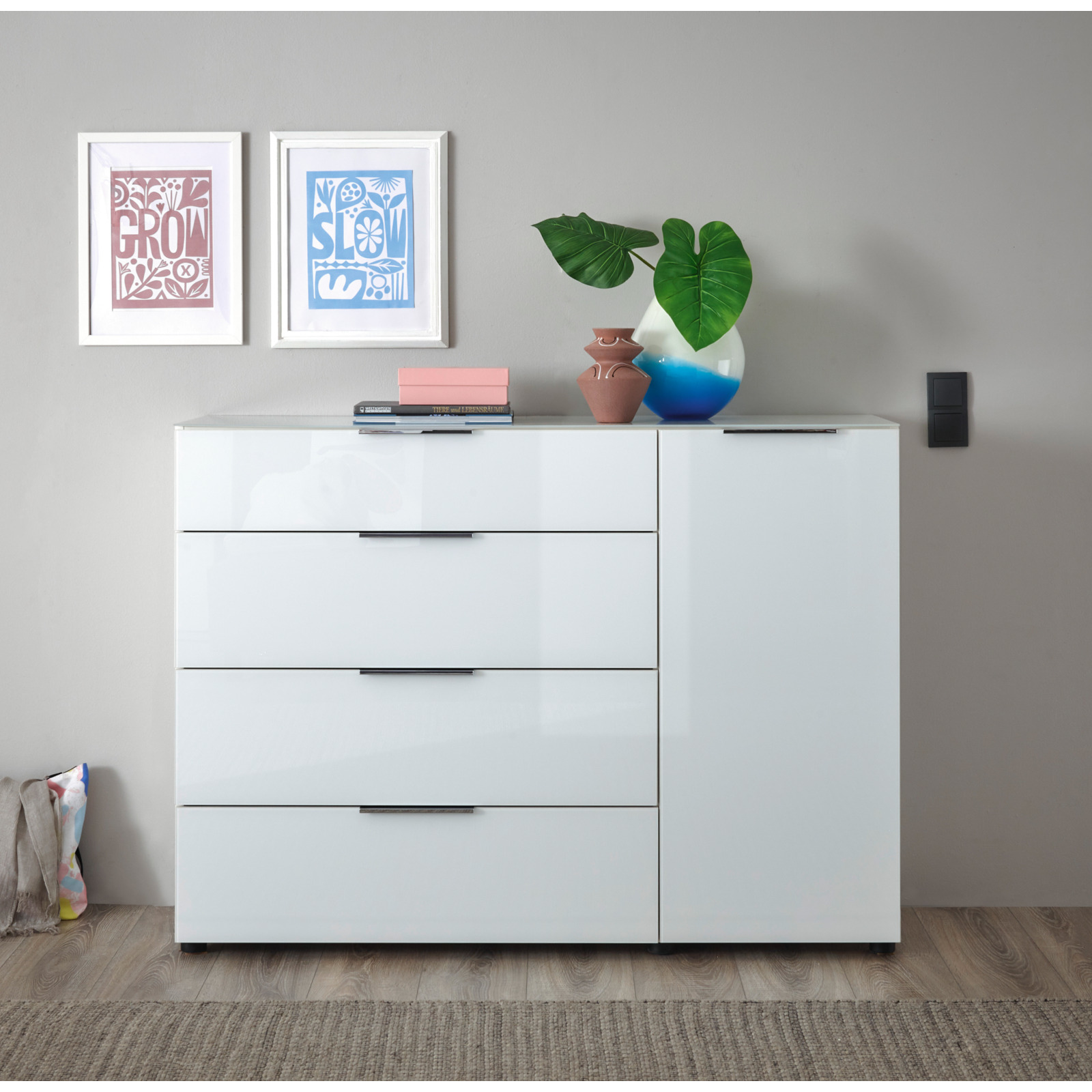Kommode Santo, Spanplatte Glas weiss, 135 x 99 x 40 cm