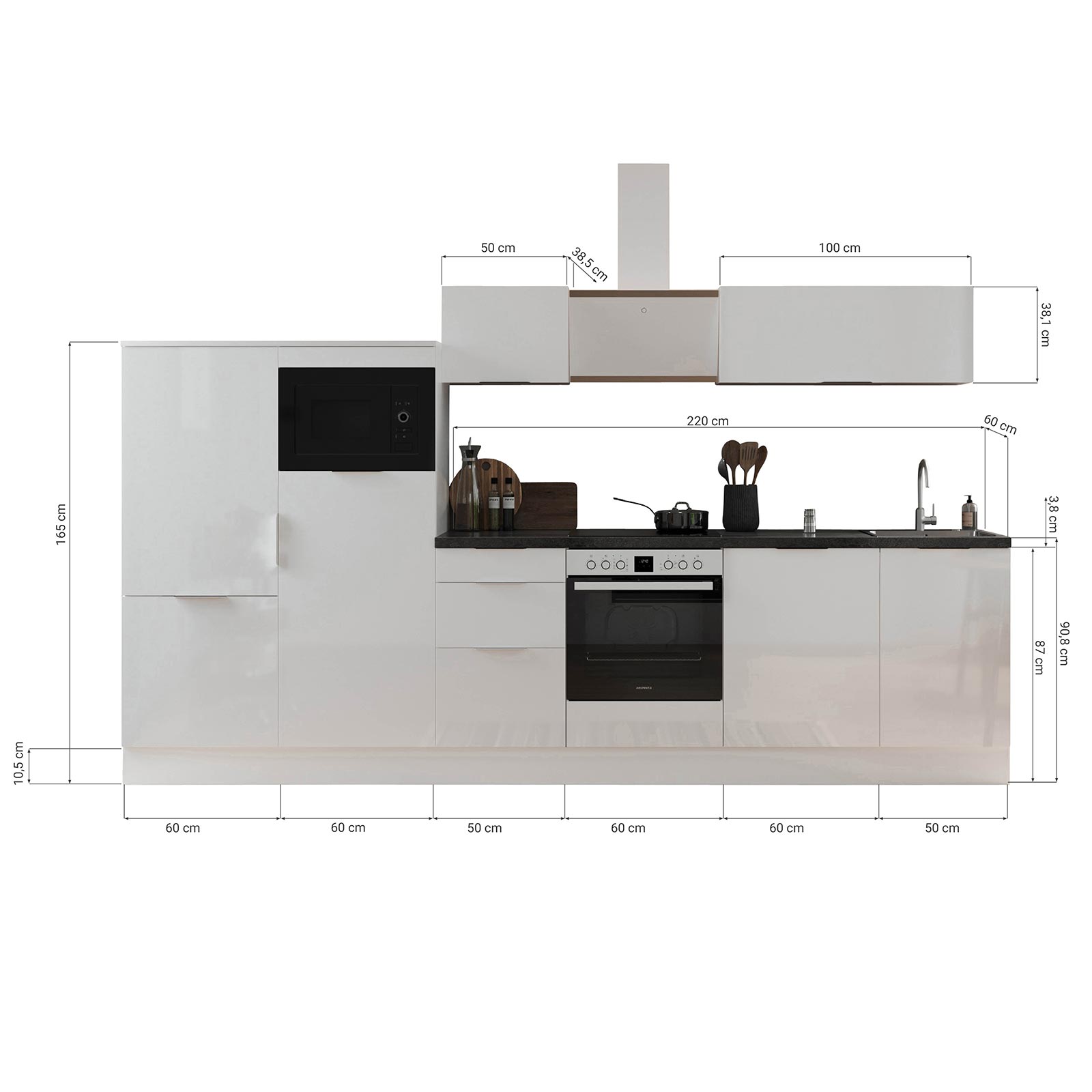 RESPEKTA Küchenblock - weiß Hochglanz - Artisan Eiche - mit E-Geräten - 340 cm