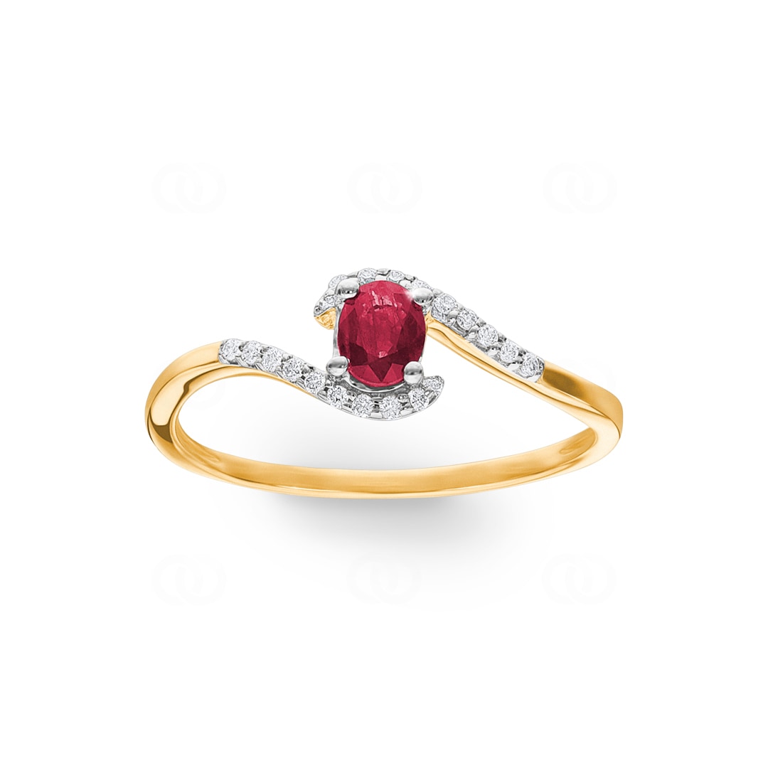 Damenring 750/18 K Gelbgold mit Rubin oval und Diamanten 0.07 ct H/si