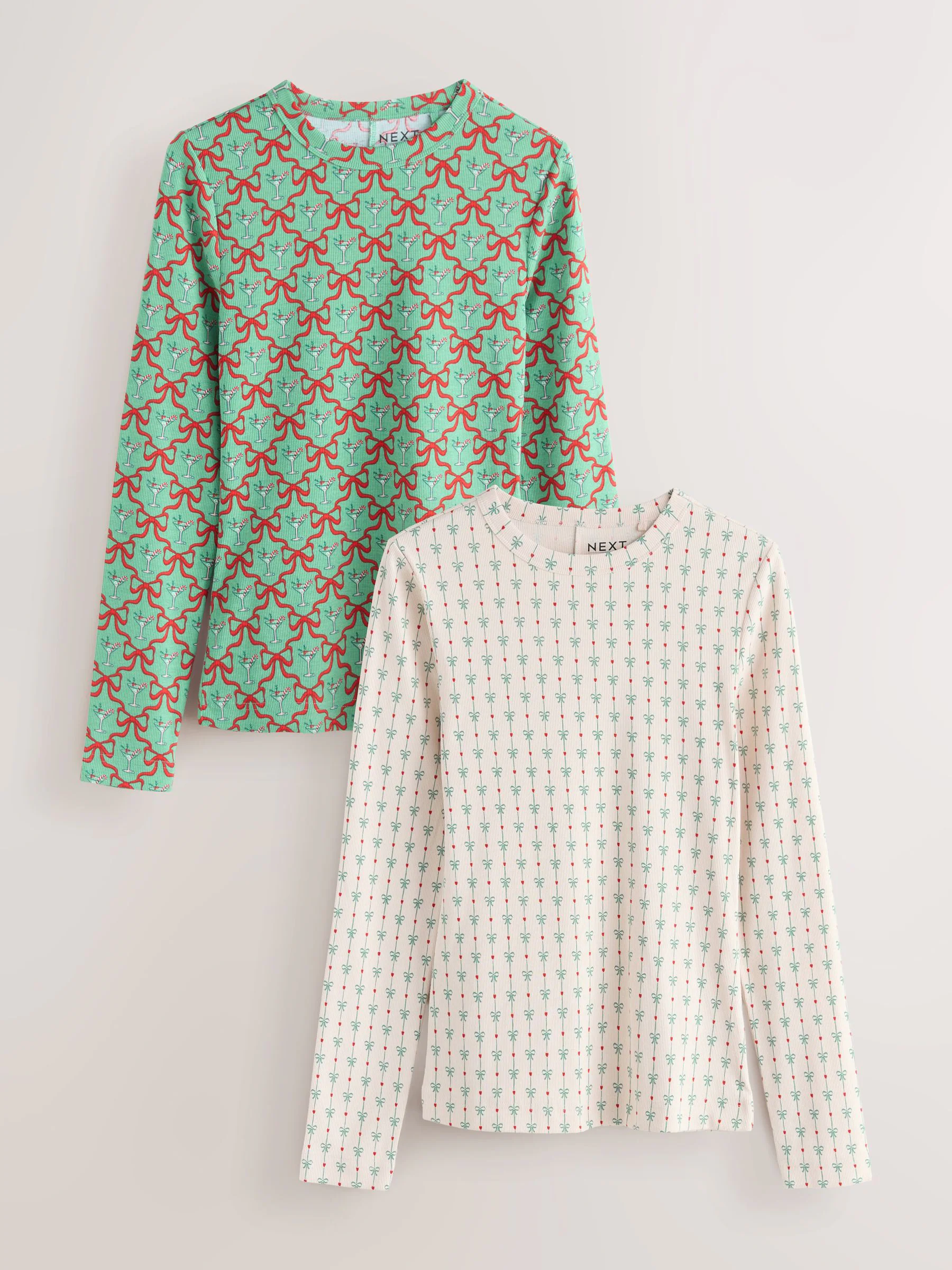 Groen/ecru - Set van 2 kerst ribtops met strik en lange mouwen