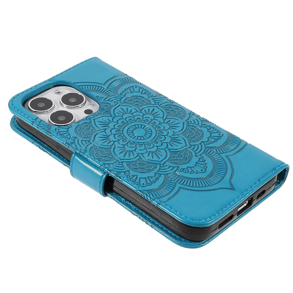 iPhone 13 Pro Leder Tasche Wallet - Mandala Flowers Imprint - Blau
