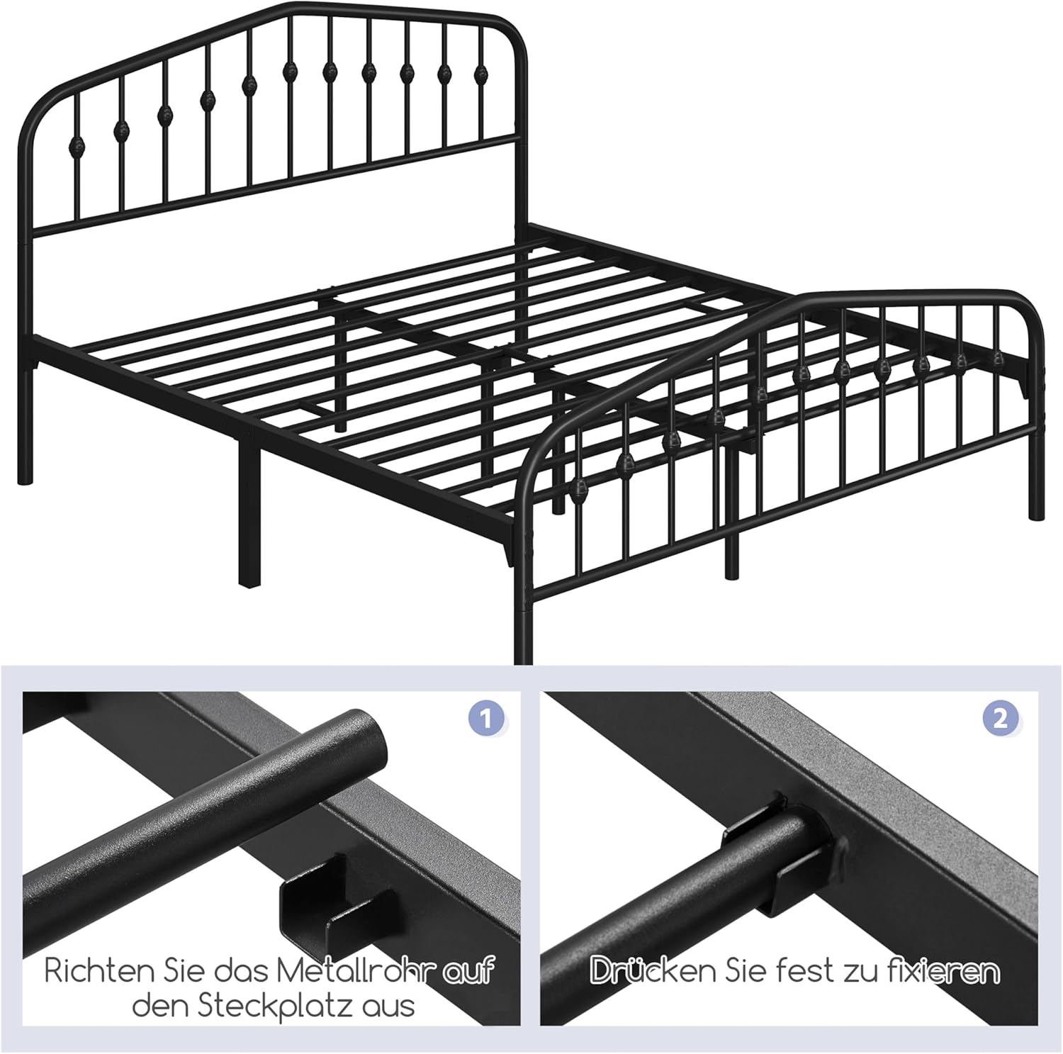 Yaheetech Bettrahmen 160 x 200 cm, Vintage Metallbett mit kronenförmigem Kopfteil, Stabiles Bettgestell Doppelbett aus Metall, Robust & Leichte Montage Gästebett Jugendbett Tagesbett, Schwarz