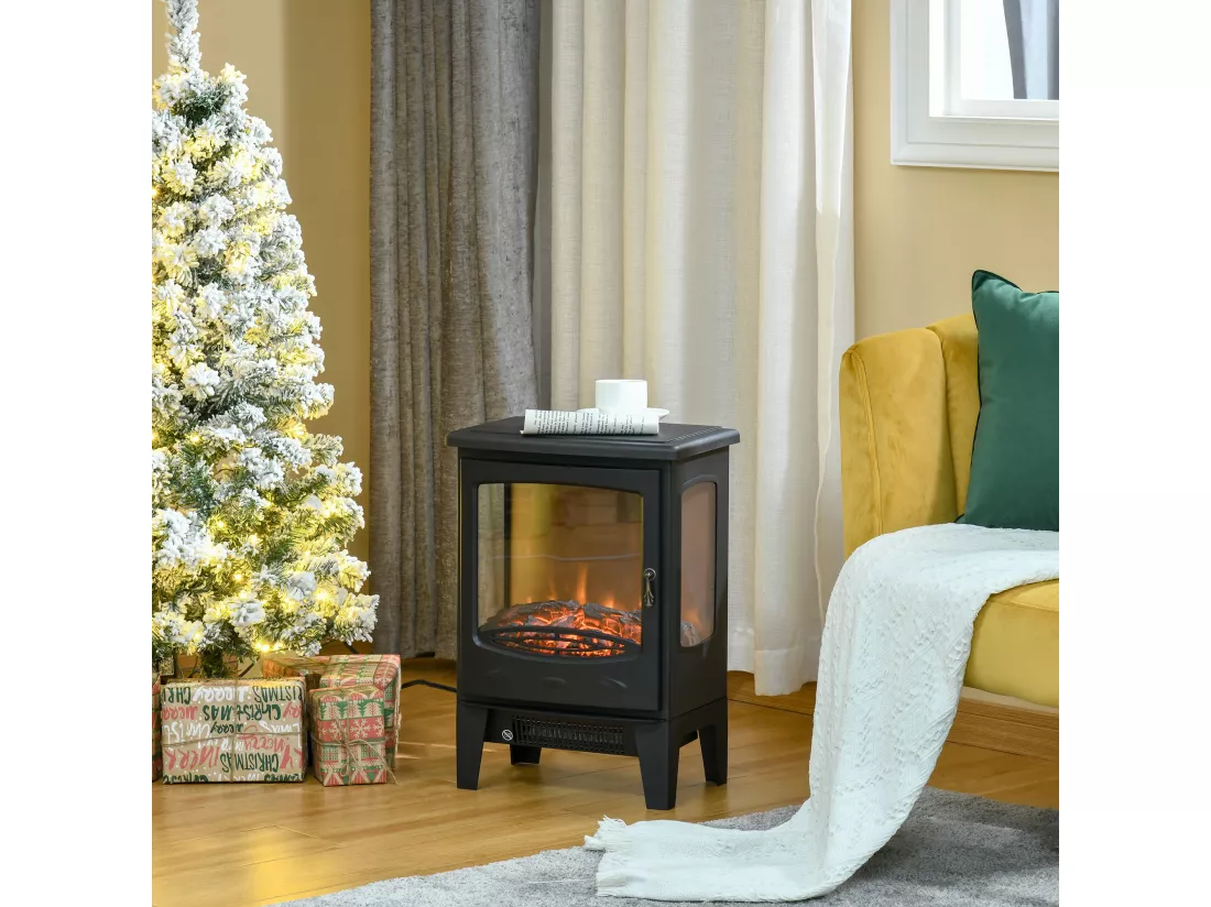Cheminée électrique poêle style néo-rétro 1000-2000 W simulation flammes LED luminosité réglable acier ABS noir