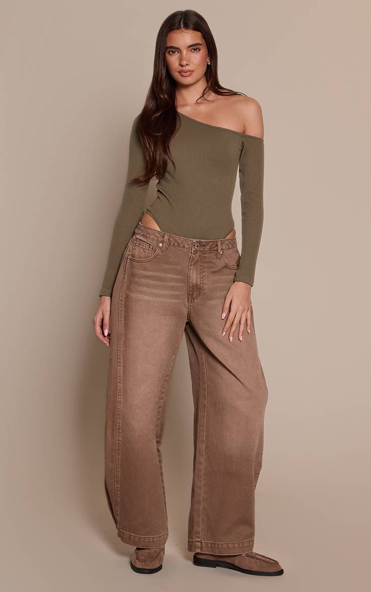 Vert Olive Body Asymétrique Côtelé Contour À Manches Longues