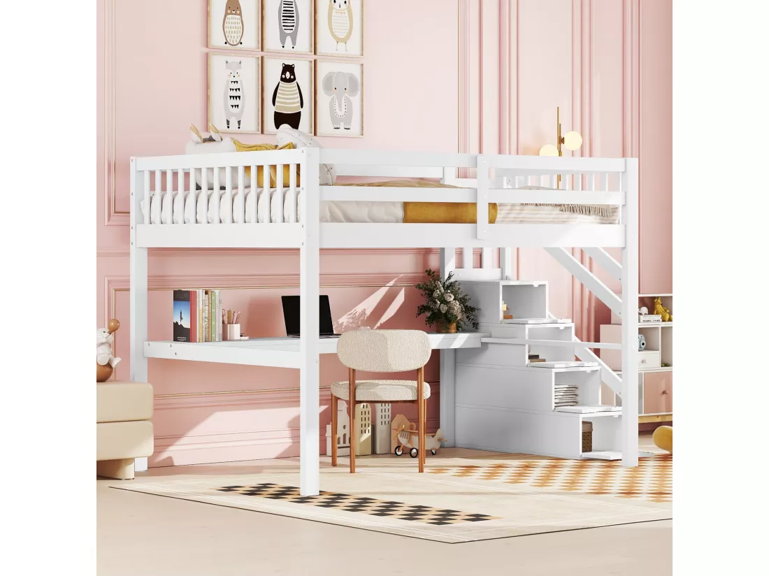 Lit mezzanine enfant 140 x 200 cm avec 4 tiroirs de rangement et bureau, Bois en pin, Blanc