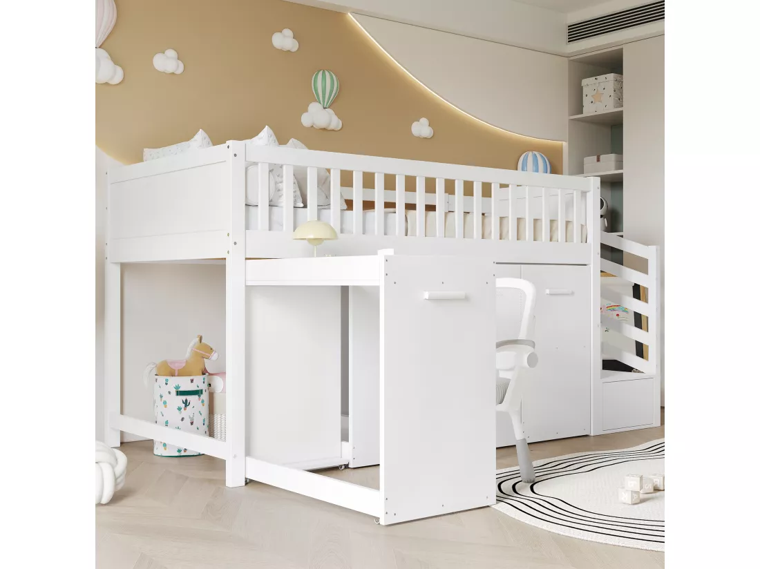 Lit mezzanine 90x200cm en bois - avec bureau/armoire/casiers amovibles et escalier de rangement - Blanc
